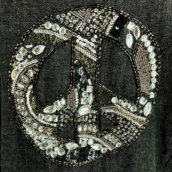 VINTAGE Bleu Bayou Denim Jacket XL Bead, Crystal & Sequin Embellished Peace Sign - Picture 3 of 17